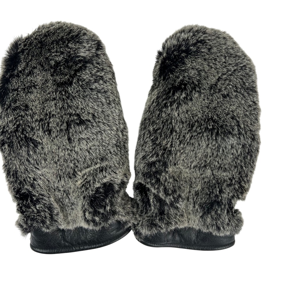Kombi‎ Womens Small Black Leather Grey Faux Fur Mittens Winter Gloves
